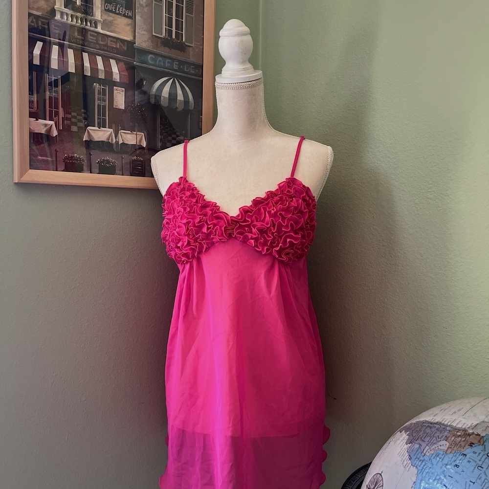 Vibrant Pink Chemise with Spaghetti Straps and Lace Accents